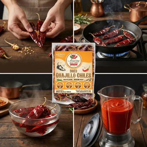 Vista 5 de Guajillo Chiles Secos Enteros 4 oz – Natural y Premium. Ideal para recetas mexicanas como mole, tamales, salsa, carnes. Calor suave a medio, sabor