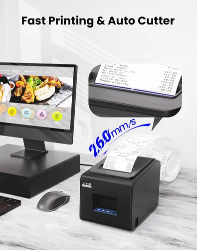 Vista 3 de Impresora de Recibos Térmica vretti, Impresora Térmica Directa de 3'1/8 80mm con USB Serial LAN Port - Impresora POS de Cocina con Soporte