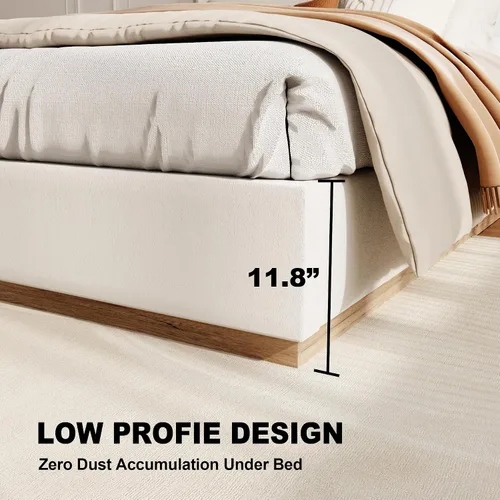 Vista 5 de Base de cama matrimonial con cabecero, plataforma tapizada de terciopelo con base de madera cerrada, estructura de metal y soporte de listones