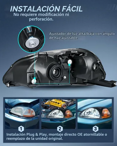 Vista 8 de Nilight - Conjunto de faros delanteros compatibles con Honda Civic 1996 1997 1998. Reemplazo de faros delanteros, carcasa negra, reflector ámbar