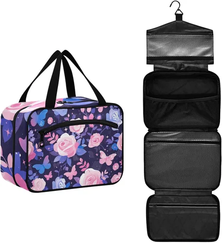 Vista 2 de Purple Peach Elegant Blooms bolsas de aseo de viaje colgantes para mujeres con gancho, bolso esencial de diseñador para el cuidado de la piel
