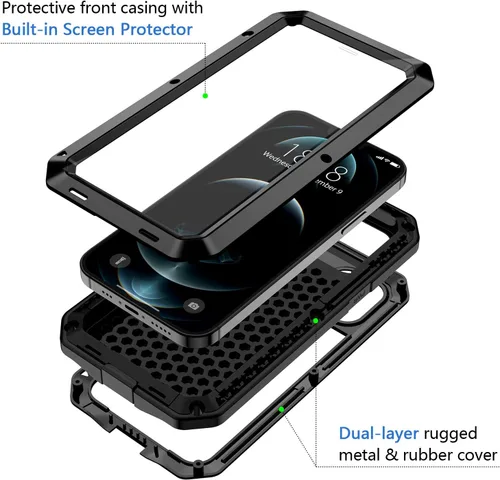 Vista 3 de Lanhiem Funda de metal para iPhone 12 Pro Max, resistente a los golpes, con protector de pantalla de vidrio integrado, cubierta protectora de cuerpo