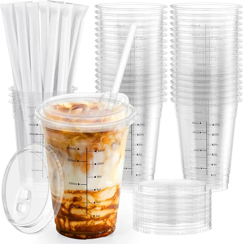 Vista 8 de Paquete de 100 tazas de café helado de 16 onzas de agarre cómodo con tapas y popotes – Vasos desechables de plástico transparente de 16 onzas