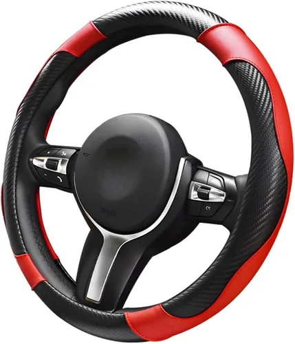 Vista 12 de Funda para volante de automóvil, 15 pulgadas, de piel de microfibra de fibra de carbono, protector elástico para volante, transpirable
