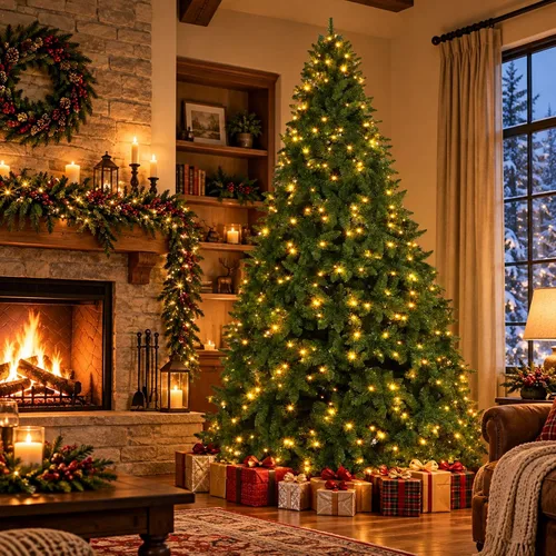 Vista 5 de Árbol de Navidad artificial preiluminado de 10 pies, árbol de Navidad verde con 600 luces LED, 1000 puntas de ramas de PVC, soporte de metal