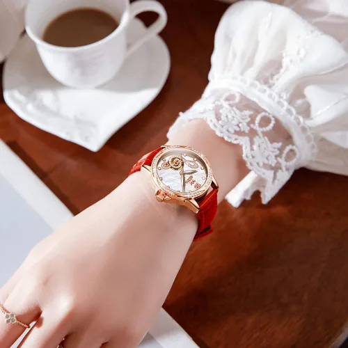 Vista 3 de OLEVS Reloj mecánico automático para mujer correa de cuero cuerda automática reloj de pulsera para mujer esfera de corazón de diamante impermeable