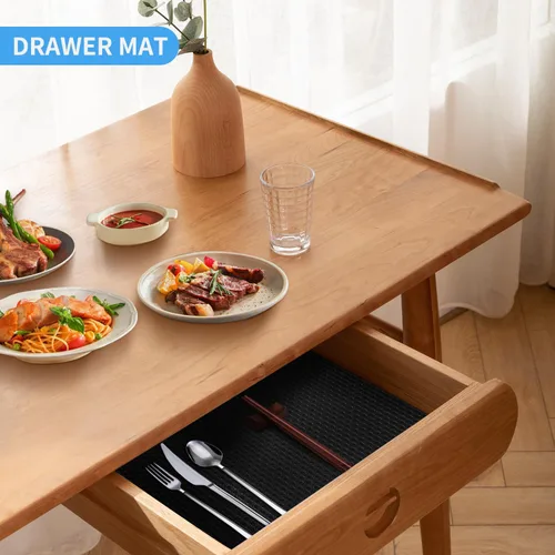 Vista 3 de Revestimientos negros para estantes de armarios de cocina, alfombrilla para cajones no adhesiva, revestimientos para refrigerador, manteles