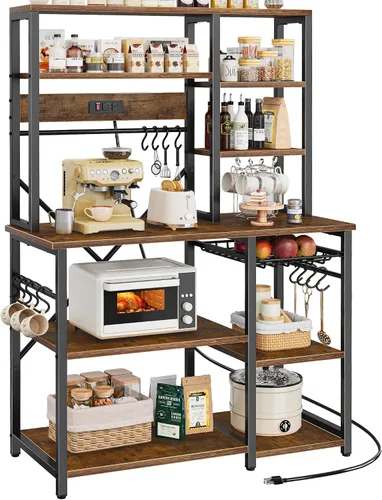 Vista 10 de SUPERJARE Estante grande de panadería con tomas de corriente, soporte para microondas de 6 niveles, barra de café con 12 ganchos en forma de S