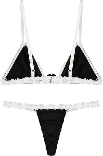 Vista 7 de dPois Womens Lace Trim Strappy Bra Tops with G-String Briefs Maid Cosplay Bikini Set
