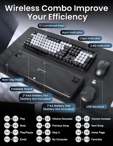 Vista 6 de Combo de teclado y mouse inalámbricos, 104 teclas redondas, teclado y mouse coloridos de tamaño completo con receptor USB de 2.4 GHz