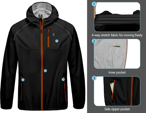 Vista 4 de Little Donkey Andy Chaqueta de lluvia elástica para hombre con capucha, resistente al viento y al agua, plegable