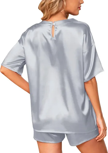 Vista 4 de Anjue Satin Pajamas for Women Soft Silk Pajama Set for Women Short Sleeve Sleepwear Top with Causal Pj Shorts S-XXL