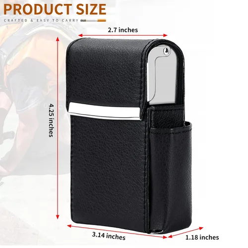 Vista 2 de Caja de cigarrillos deslizante de piel sintética con soporte para encendedor y trabilla para cinturón para hombres y mujeres, unisex