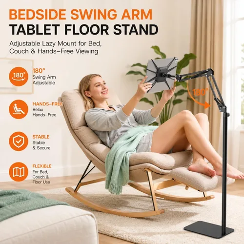 Vista 2 de Soporte de piso para tableta con base de metal, soporte para tableta para cama, iPad y Kindle Overhead Bed Tablet Stand, Angle & Height