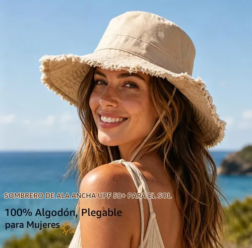 Vista 2 de Connectyle Sombrero de sol de algodón para mujer, sombrero de pescador de ala ancha, plegable, sombrero de jardinería, transpirable, para verano