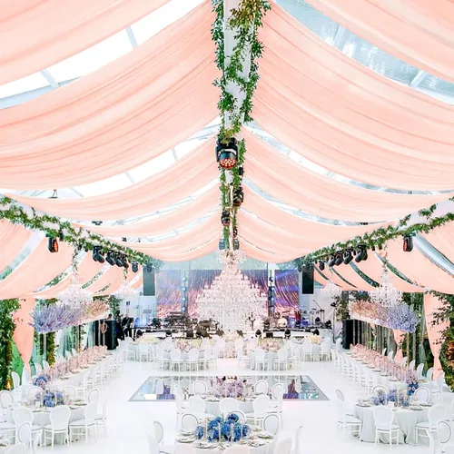 Vista 28 de 6 paneles de cortinas de techo azul bebé para boda, cortinas de techo de 5 pies x 10 pies, tela de drapeado para arco de boda, cortinas