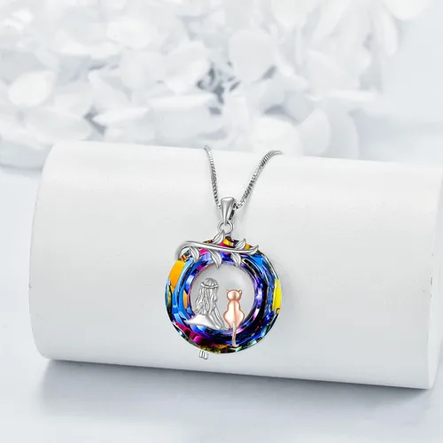 Vista 3 de LUHE Collar de cristal de plata de ley 925 con colgante de oso dragón y reina caballo y niñas, lobo, búho, fénix, gato y niña, regalo de joyería