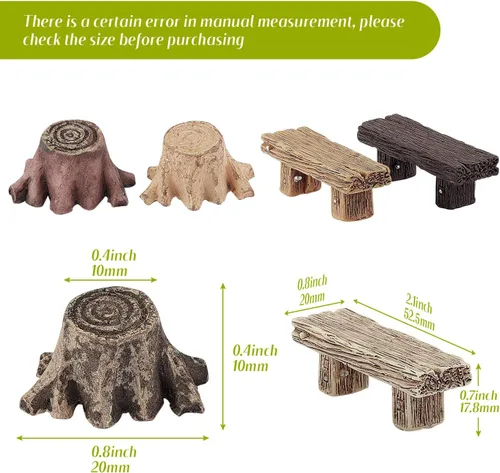 Vista 3 de Skylety - 12 piezas de accesorios de jardín de hadas en miniatura, incluye 6 bancos de estilo retro de madera, 6 tocones de raíz artificiales