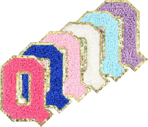 Vista 8 de 6 piezas de parches de letras de chenilla autoadhesivas con purpurina para planchar, parches de letras universitarias estilo preppy, letras difusas