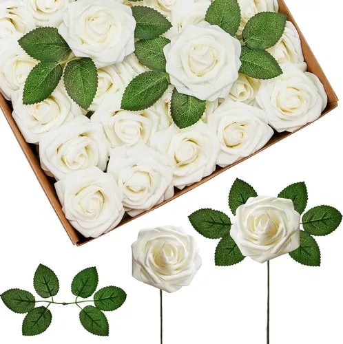 Vista 21 de InnoGear Flores artificiales, paquete de 50 unidades, rosas artificiales de espuma negras con tallos a granel para decoración, ramos de boda DIY