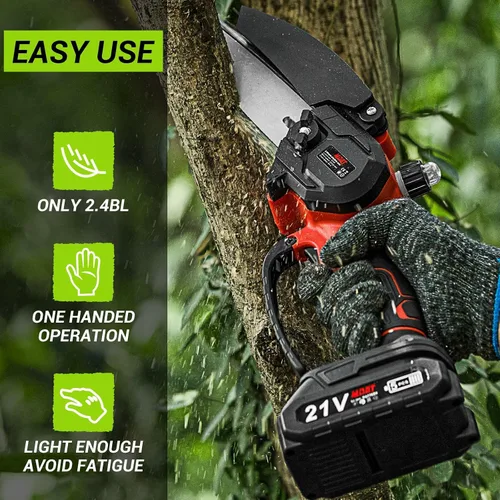 Vista 3 de Mini motosierra inalámbrica de 6 pulgadas con 2 baterías, motosierra eléctrica de mano para un corte eficiente, ligera y fácil de usar (rojo + negro)