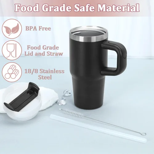 Vista 3 de Muwnrol Vaso de 14 onzas con asa y popote para niños, vaso de acero inoxidable aislado al vacío que mantiene el frío, el calor y el hielo, regalos