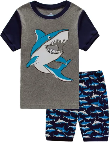 Vista 16 de Popshion Pijamas cortas de 2 piezas para niños pequeños, ropa de dormir de tiburón de tren, 100% algodón, pijamas de dinosaurio para niños pequeños