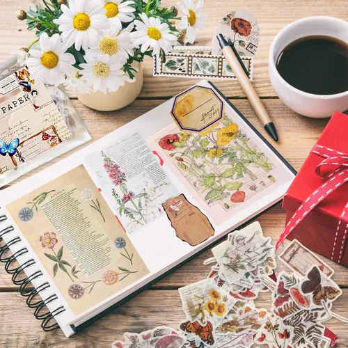 Vista 8 de Paquete de 200 piezas de suministros vintage para scrapbooking con calcomanías para diarios de desecho, pegatinas de papel DIY, paquete de ephemera