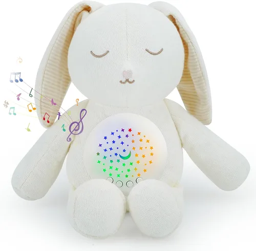 Vista 8 de Oso para dormir para bebé con proyector de estrellas de luz nocturna, juguetes de peluche de algodón suave para niños y niñas, música de cuna, ruido