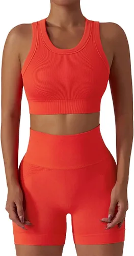 Vista 7 de Conjuntos de entrenamiento para mujer, 2 piezas, sin costuras, acanalada, sin mangas, brasier deportivo, cintura alta, pantalones cortos