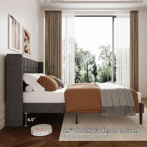 Vista 6 de Base de cama tamaño King con cabecera con respaldo de ala, base de cama tapizada de lino con cabecera capitoné con botones, soporte de listones
