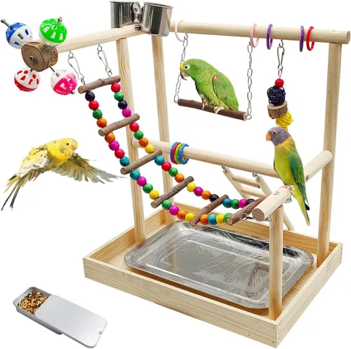 Vista 9 de PINVNBY Parque infantil para pájaros, soporte de madera para ejercicio, perca, gimnasio, escalera, con comedero, columpio, juguetes para periquitos