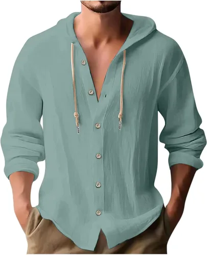 Vista 7 de Camisa de lino para hombre, casual, ligera, mexicana, guayabera, abotonada, playa, verano, sudadera con capucha y manga larga, camisa hawaiana