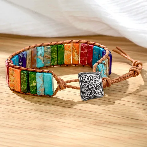 Vista 3 de sedmart - Pulseras de los 7 chakras para mujeres con piedras reales y correa de cuero, cuentas curativas para hombres y mujeres, joyería bohemia