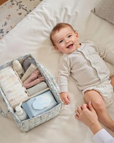 Vista 6 de Blissful Diary Organizador de pañales con flores, elegante cesta de almacenamiento para guardería, regalo para baby shower, imprescindible