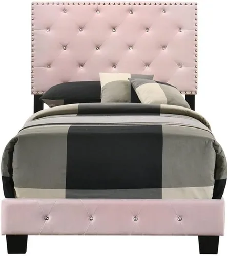 Vista 4 de Maklaine Moderna cama individual tapizada de terciopelo, 42 pulgadas de ancho x 77 pulgadas de profundidad x 47 pulgadas de alto, acabado rosa