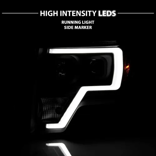 Vista 8 de AmeriLite para camioneta Ford F150 2009-2014, juego de faros delanteros LED de barra cuadrada, proyector halógeno negro, haz alto/bajo incluido