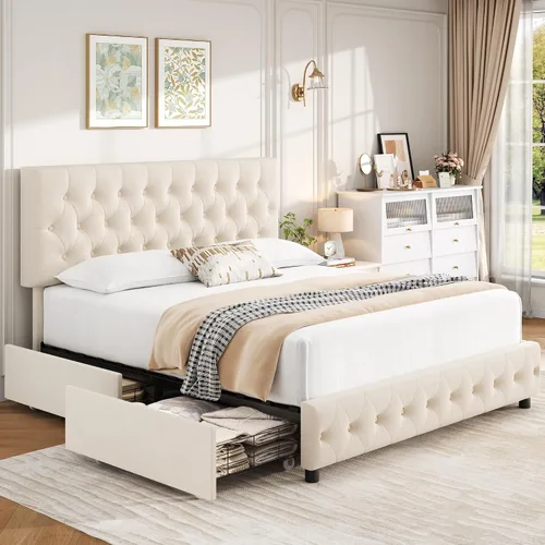 Vista 6 de Marco de cama tapizado moderno con 4 cajones de almacenamiento, diseño de cabecera con botones, soporte de listones de madera maciza, fácil montaje