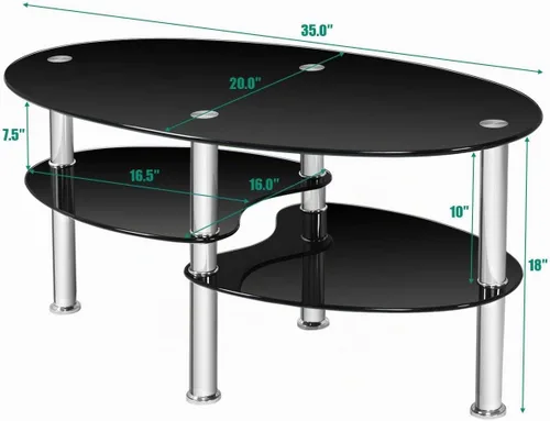 Vista 3 de FANTASK Mesa de centro de vidrio templado, mesa de té ovalada de acero de 3 niveles con amplio escritorio de vidrio, estante de almacenamiento