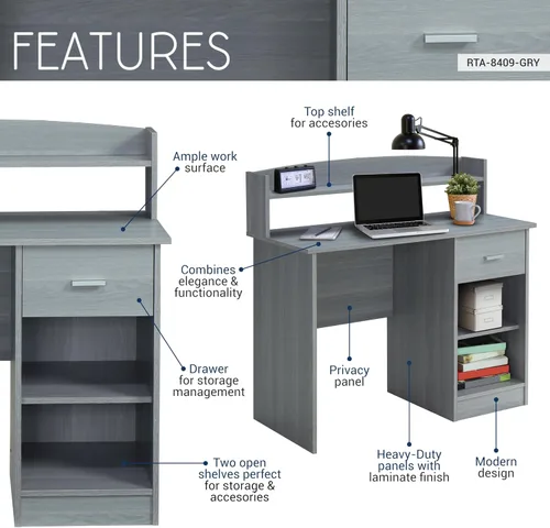 Vista 4 de Techni Mobili Escritorio moderno para oficina, color gris 41" modern desk with hutch, open shelves, compact workstation design, sturdy frame; grey