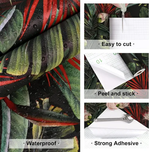 Vista 8 de Papel tapiz tropical oscuro para despegar y pegar, papel de contacto vintage de hoja de plátano, papel tapiz de selva mojado, papel tapiz de hojas
