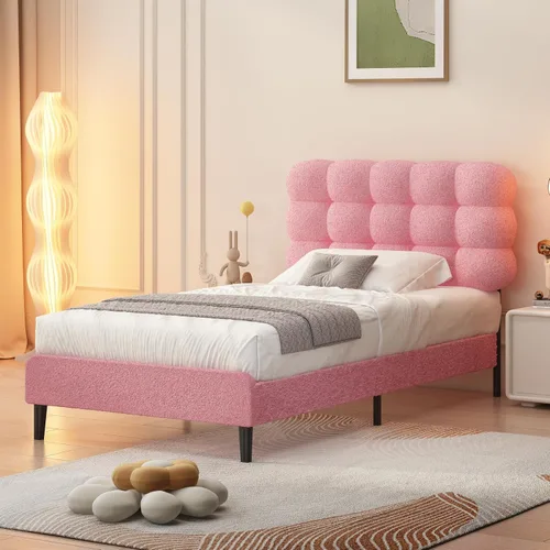 Vista 21 de Base de cama individual BarnFurin con cabecera tapizada, tela suave tipo bouclé, cama plataforma con fuerte soporte de listones de madera, diseño