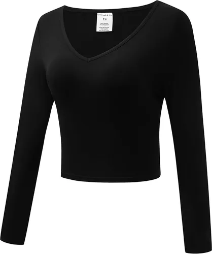 Vista 2 de OThread & Co. Camiseta corta de manga larga con cuello en V para mujer