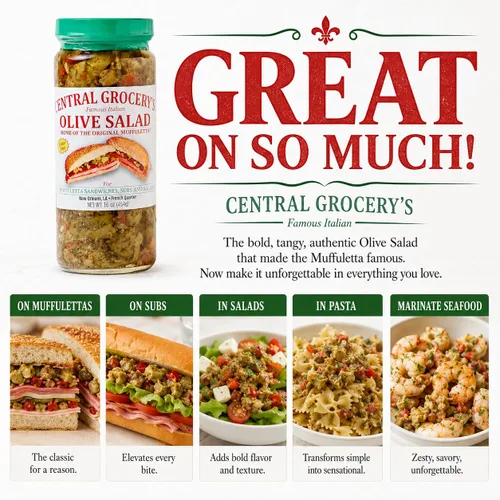 Vista 4 de Central Grocery Ensalada de Aceitunas - 16 oz (Paquete de 1) Perfecta para Muffulettas, Sándwiches, Coberturas de Pizza, Pastas, Aderezo para Hot