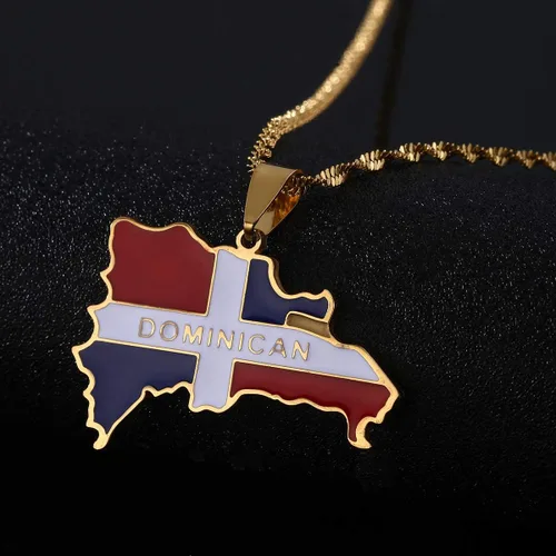 Vista 2 de Collar con colgante de bandera de mapa dominicano de acero inoxidable, joyería de mapa dominicano