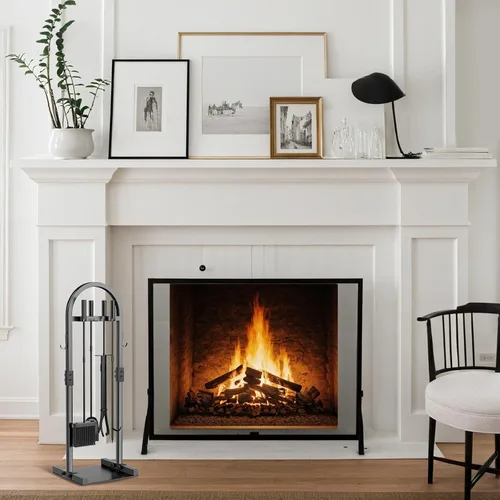 Vista 2 de FUQUN Juego de herramientas para chimenea, 5 piezas de póquer resistente con soporte, accesorios de hierro forjado para estufa de leña