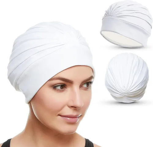 Vista 20 de BEEMO Gorros de natación para mujer, turbante de natación, de poliéster, con forro de látex, plisado para mujer Negro