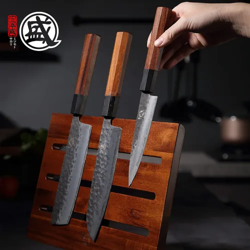 Vista 4 de MITSUMOTO SAKARI - Portacuchillos magnético para encimera de madera de acacia de 12.5 pulgadas Núcleo magnético Gauss 1200, almacenamiento