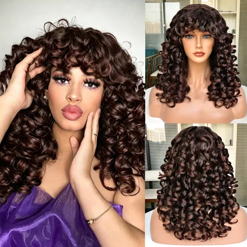 Vista 11 de Pelucas afro rizadas para mujeres negras, peluca larga y rizada con flequillo, fibra sintética esponjosa, sin pegamento, para cosplay y uso diario