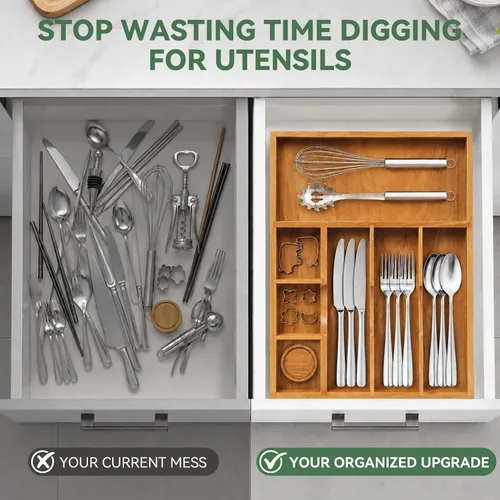 Vista 5 de Teak Silverware Organizer For Drawer, Flatware Silverware Storage Tray